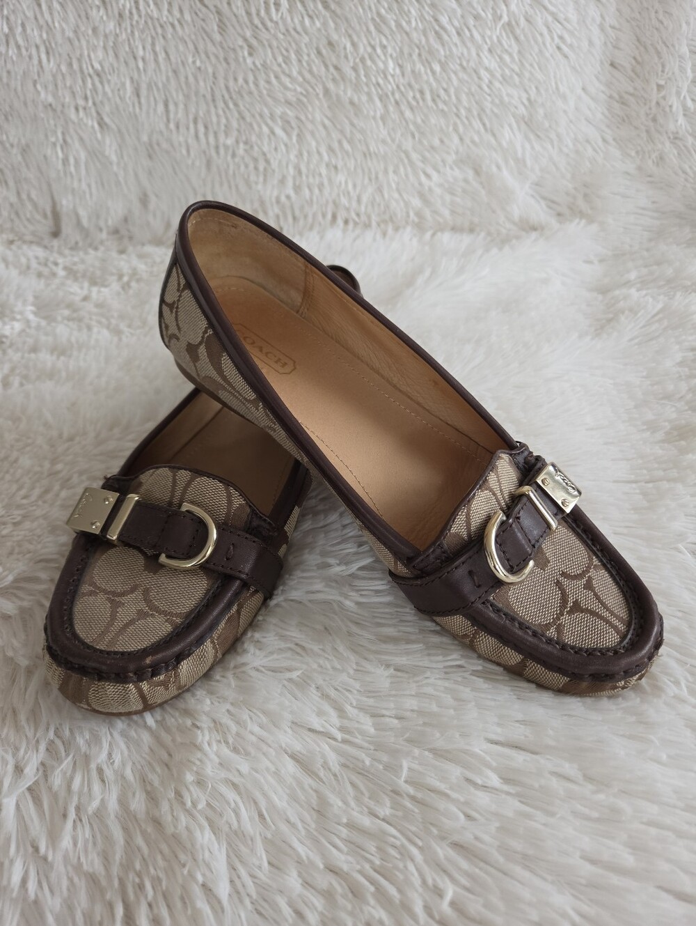 Coach Flores Tan Fabric Brown Leather Jacquard Signature C Loafer Womens Size 8
